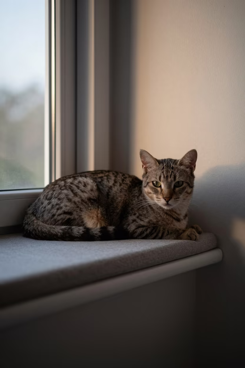 Australian Mist Cat Lounging on Window Seat Before Sunrise in on a window seat in a quiet apartment with soft side light near Chakwal