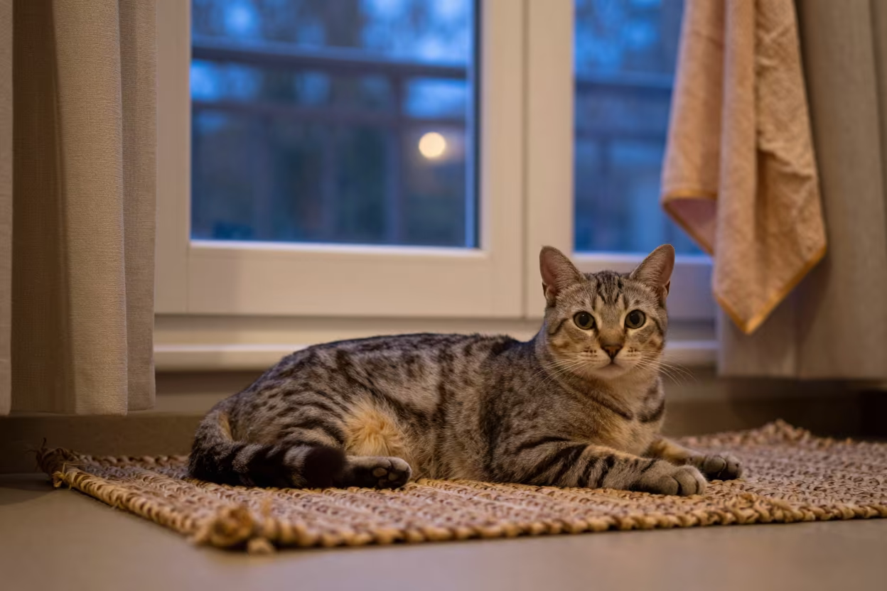 Australian Mist Cat Lounging on Woven Rug in on a woven rug beside a low couch and an uncluttered wall in Sargodha