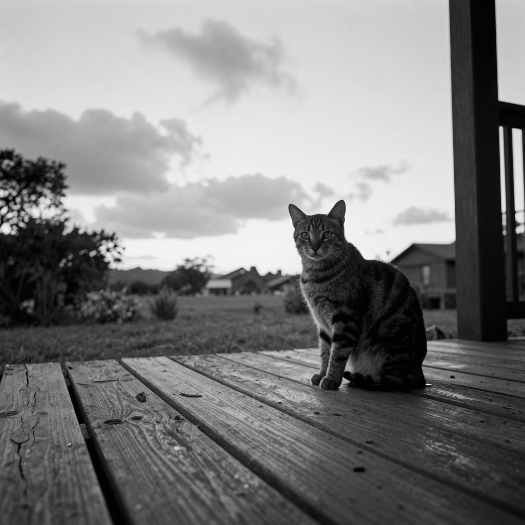Australian Mist Cat on Nampo Porch at Dusk in on a shaded front porch with boards, railings, and eye-level framing in Nampo