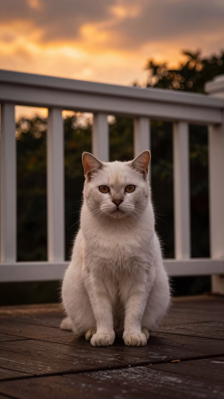 Australian Mist Cat on Shaded Nanning Porch in on a shaded front porch with boards, railings, and eye-level framing in Nanning