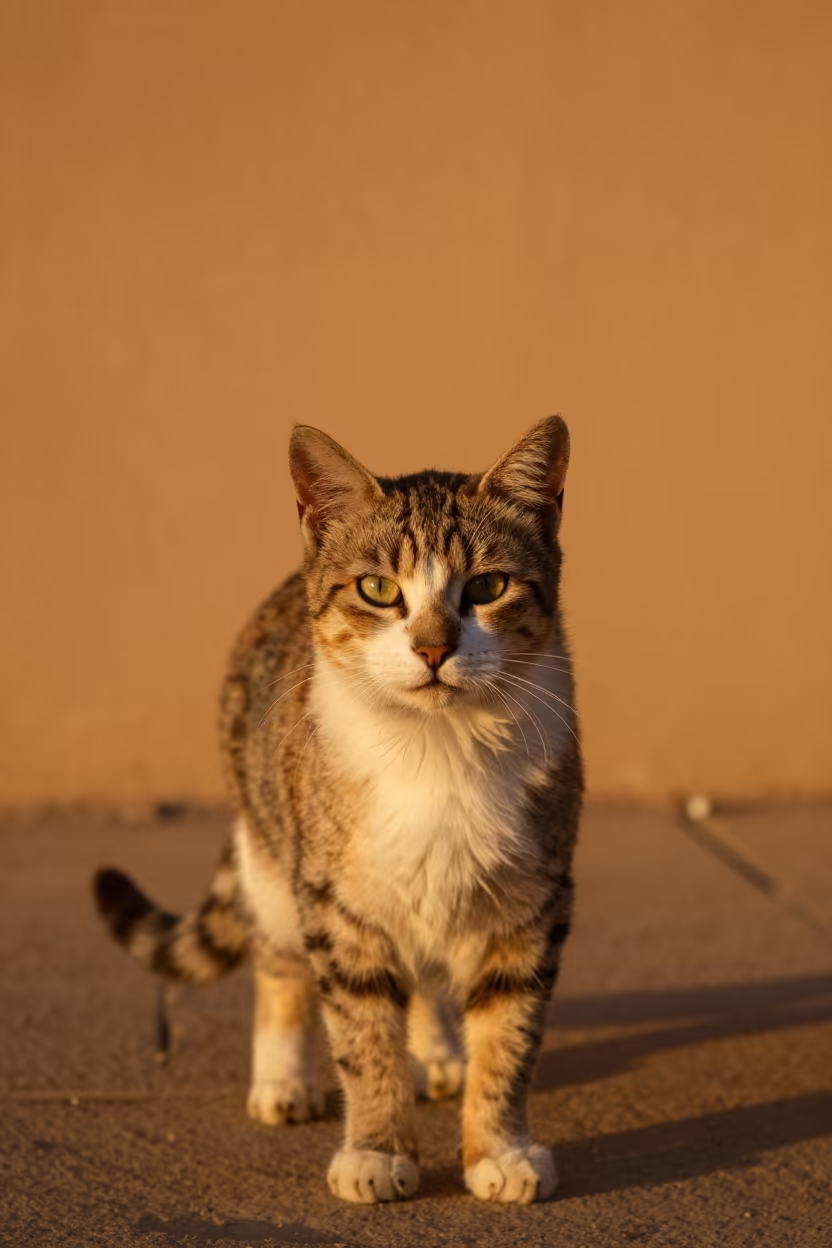 Australian Mist Cat Portrait at Golden Hour in beside a plain courtyard wall in clear daylight with the animal at eye level near Nouakchott