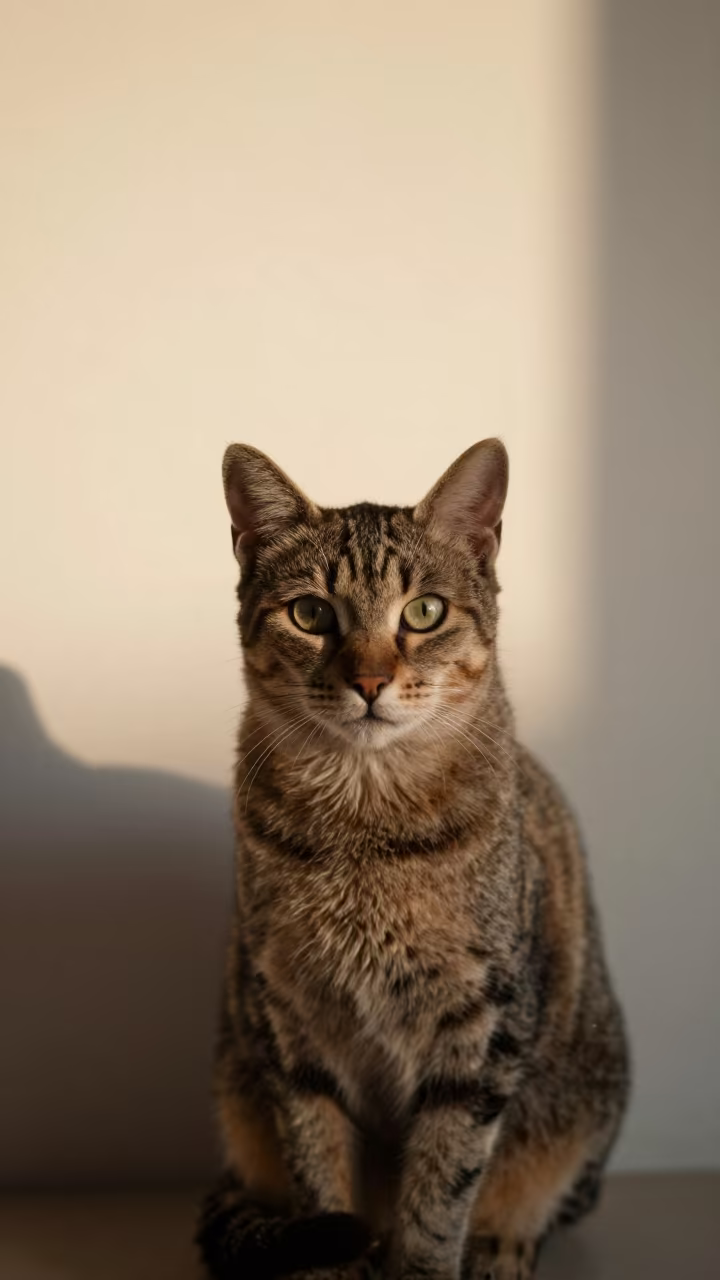 Australian Mist Cat Portrait in Dawn Light in beside a plain plaster wall in soft indoor light with the animal centered in frame in Cagua