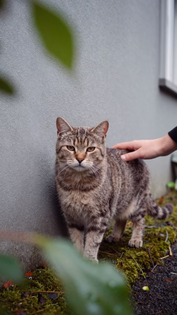 Australian Mist Cat Portrait in Essen Courtyard in beside a plain courtyard wall in clear daylight with the animal at eye level in Essen