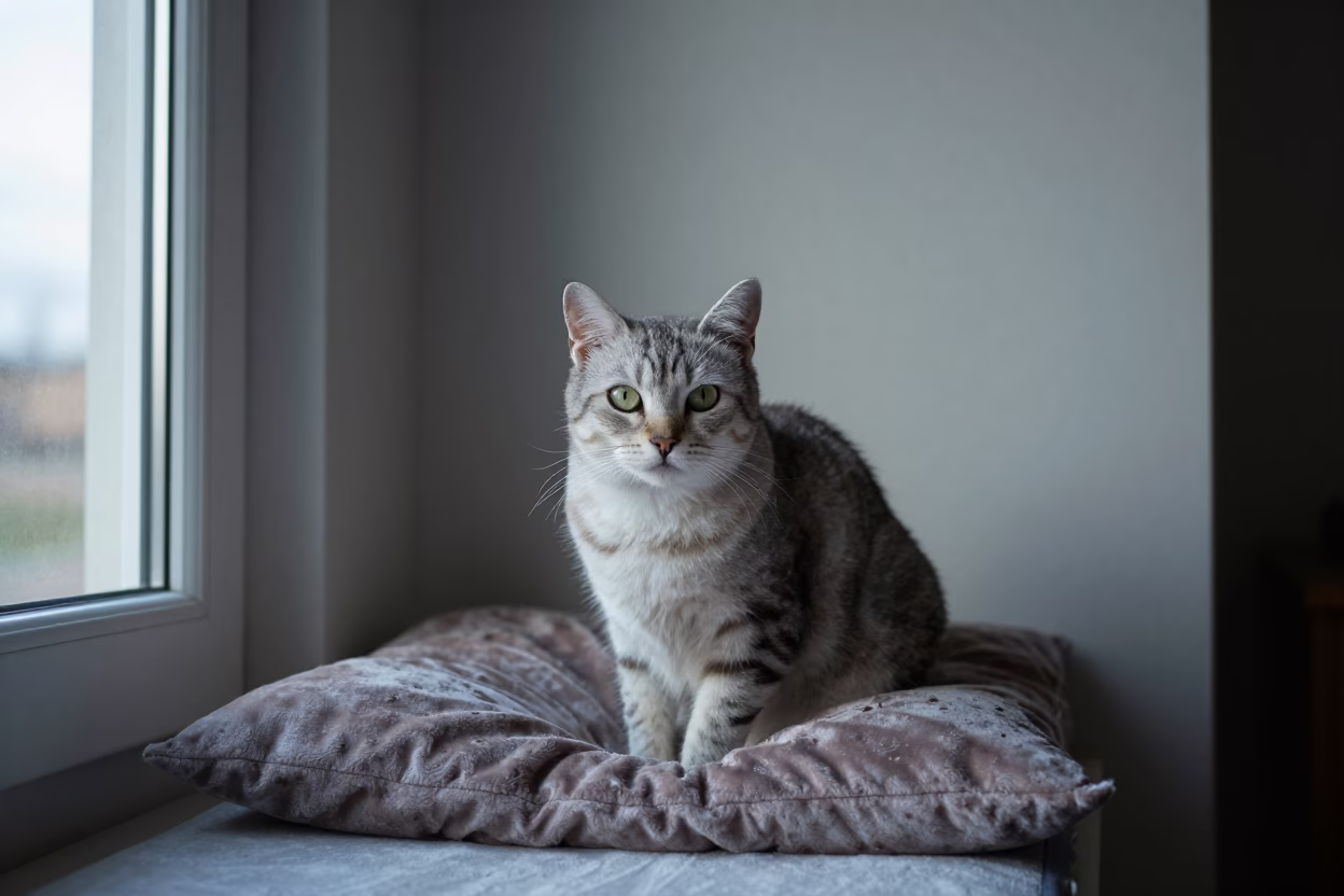 Australian Mist Cat Portrait on Lubango Window Seat in on a cushioned window seat with soft side light and an uncluttered background in Lubango