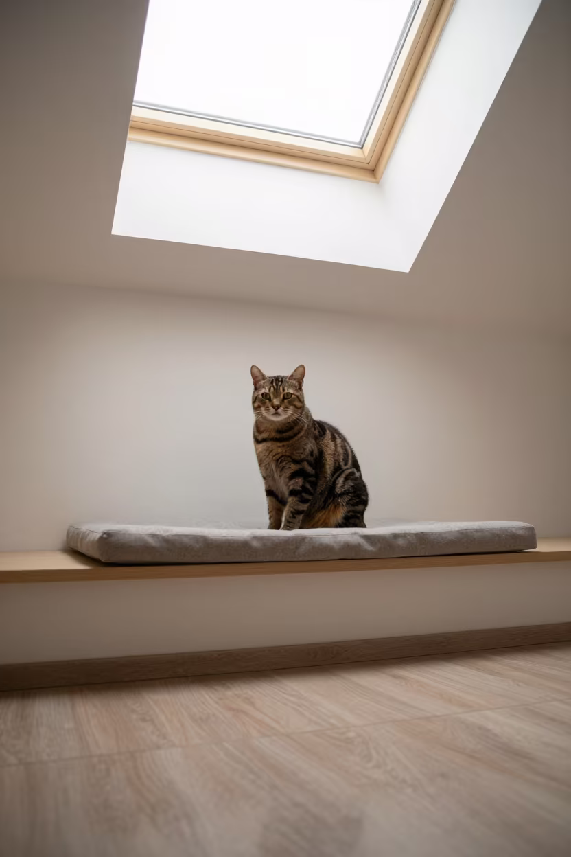Australian Mist Cat Portrait on Window Seat in on a cushioned window seat with soft side light and an uncluttered background in Bydgoszcz