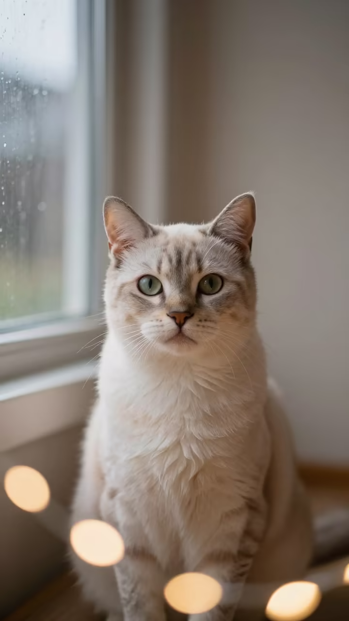 Australian Mist Cat Portrait Soft Indoor Light in beside a plain plaster wall in soft indoor light with the animal centered in frame near Kumasi