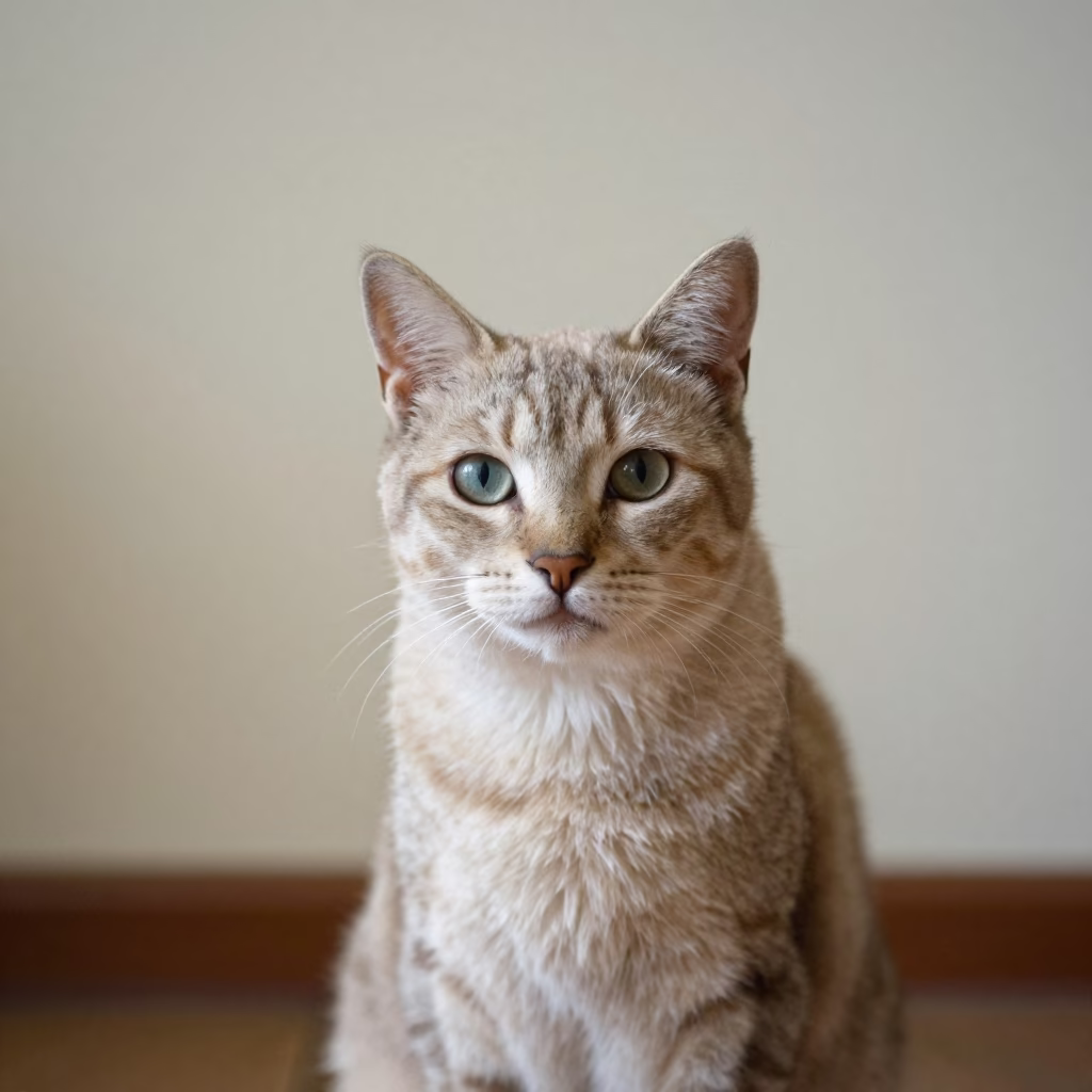 Australian Mist Cat Portrait with Textured Coat in beside a plain plaster wall in soft indoor light with the animal centered in frame near Jinan