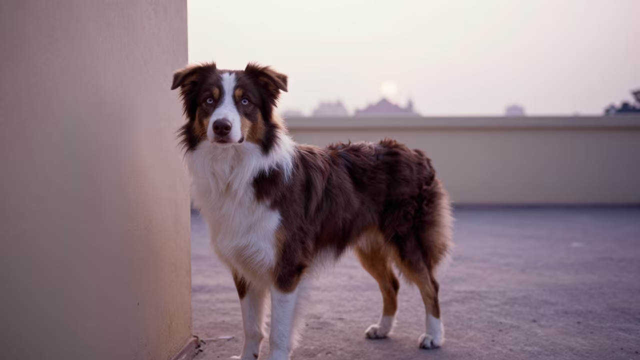 Australian Shepherd at Dawn in Kanchipuram in beside a plain courtyard wall in clear daylight with the animal at eye level in Kanchipuram