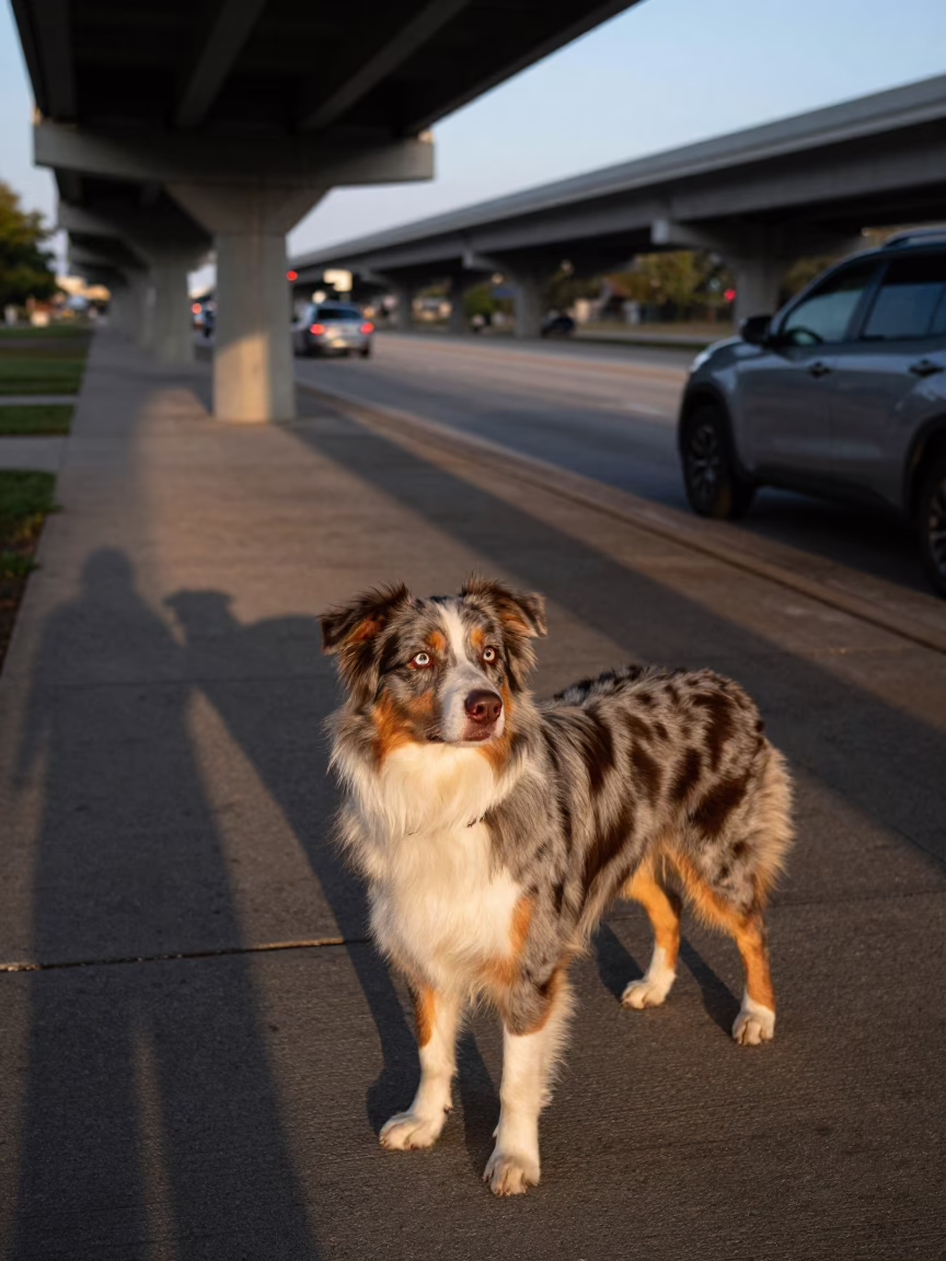 Australian Shepherd in Austin Texas before dawn near highway flyover shadows in in Austin, Texas, United States