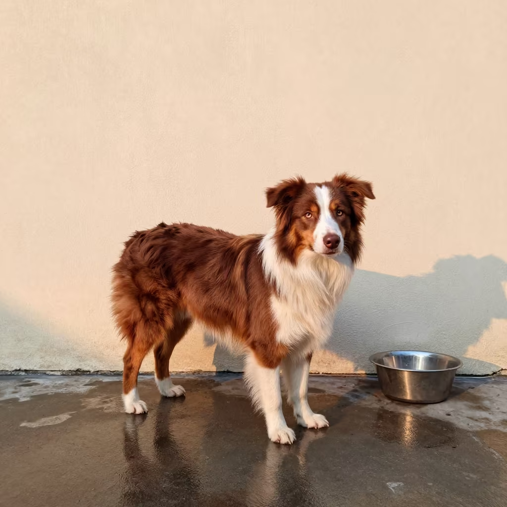 Australian Shepherd in Jakarta Courtyard in beside a plain courtyard wall in clear daylight with the animal at eye level near Tanah Abang, Jakarta