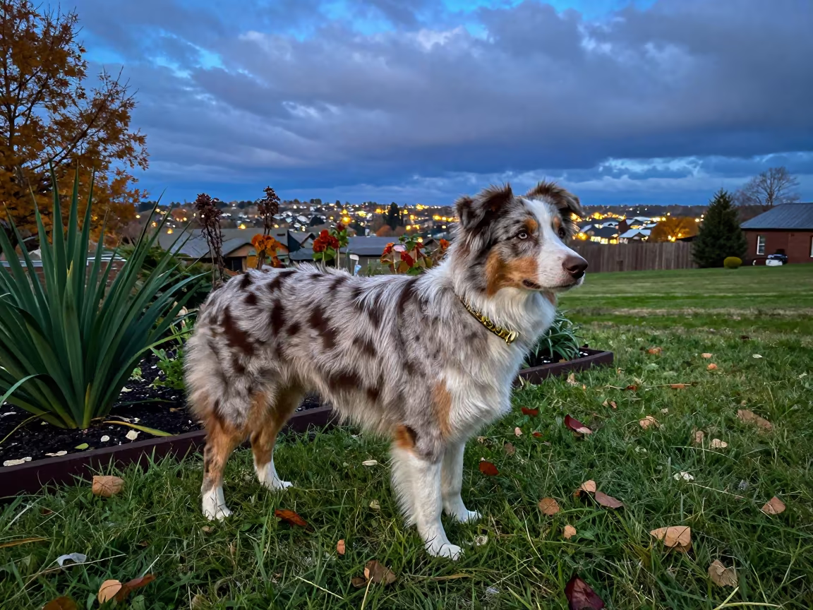 Australian Shepherd in Late Autumn Derby Yard in near a garden edge with soft morning light and an uncluttered background near Derby