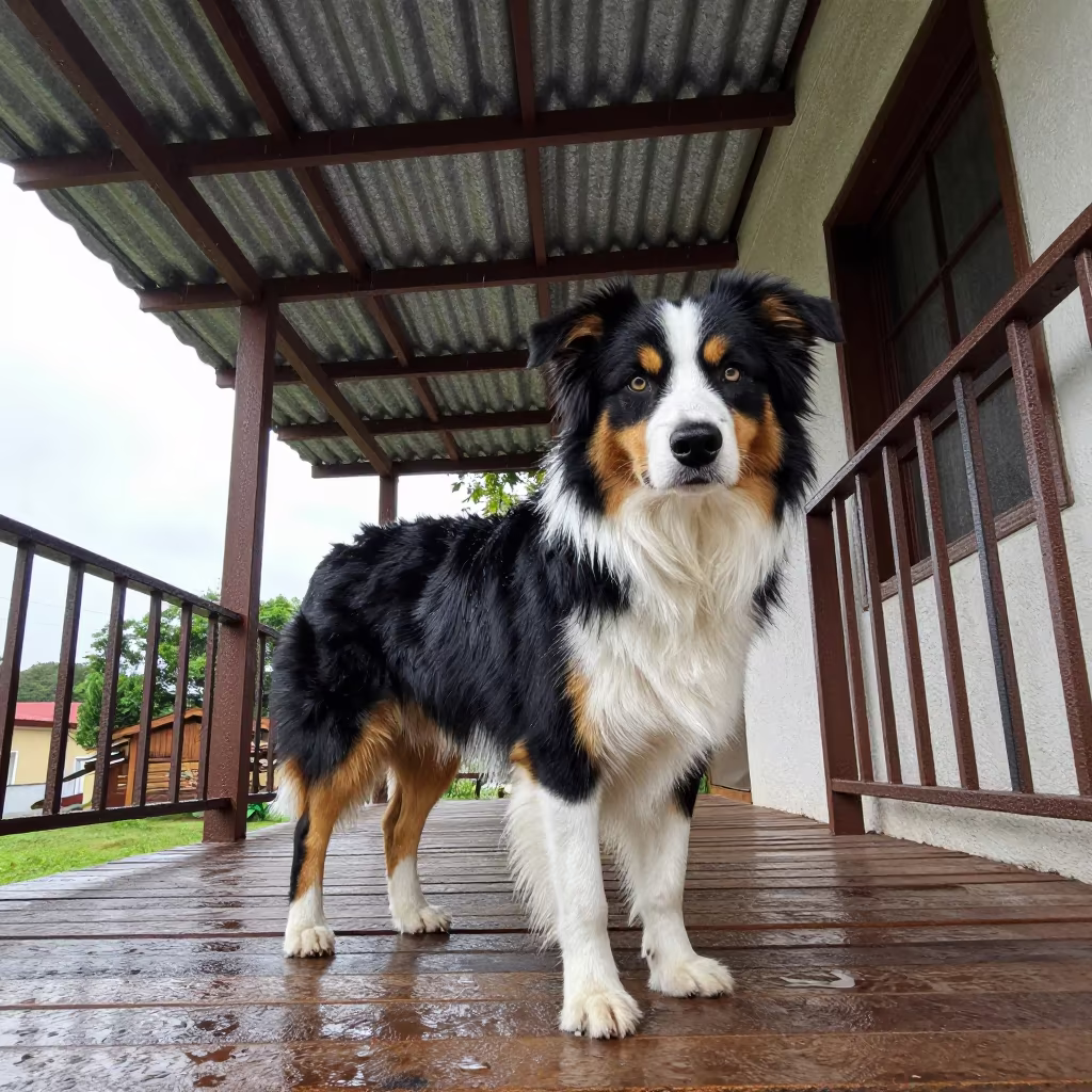 Australian Shepherd on Shaded Porch in Santiago de Querétaro in on a shaded front porch with boards, railings, and eye-level framing in Santiago de Querétaro
