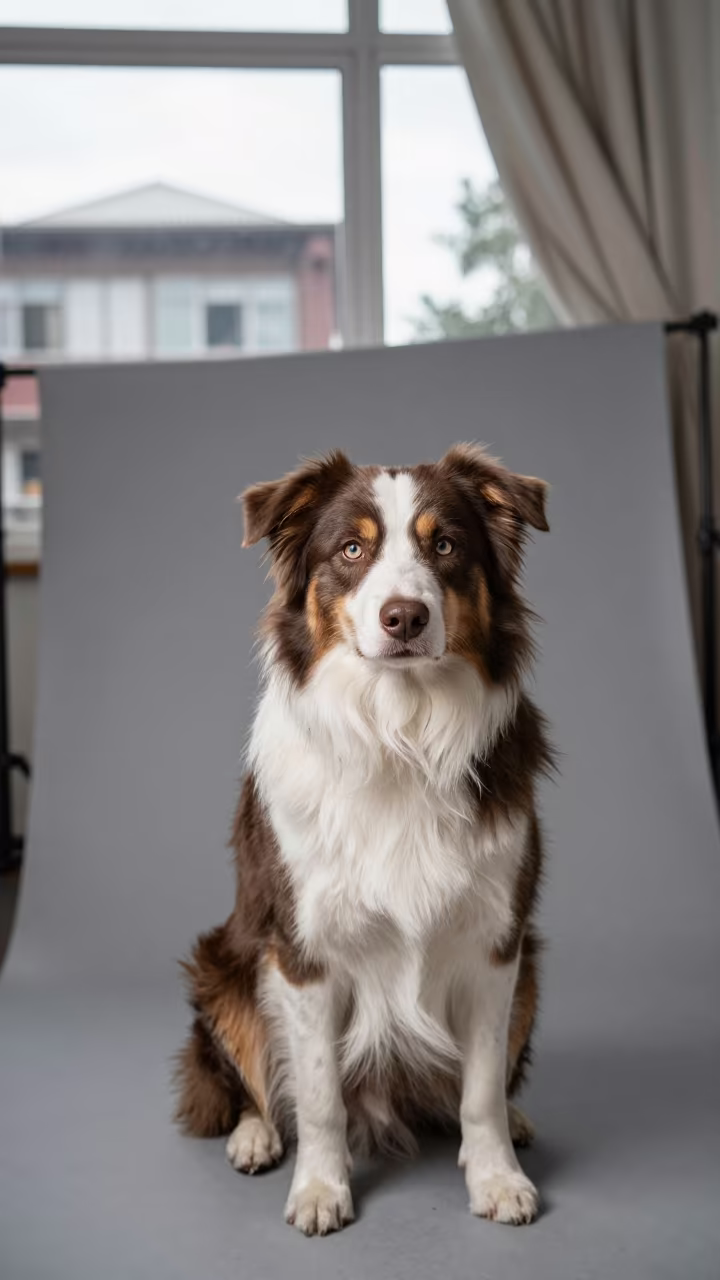 Australian Shepherd Portrait in Hangzhou Studio in in a quiet portrait studio with a plain backdrop and eye-level framing in Hangzhou