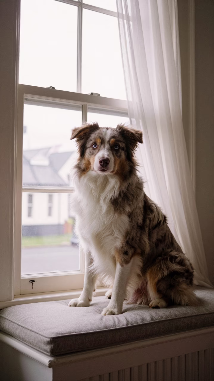 Australian Shepherd Portrait on Dunedin Window Seat in on a cushioned window seat with soft side light and an uncluttered background in Dunedin
