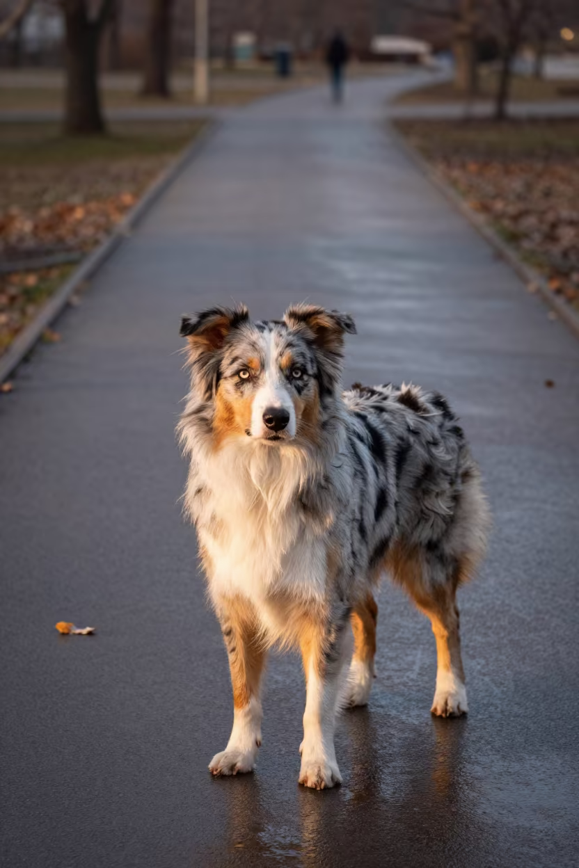 Australian Shepherd Portrait on Quiet Park Path in along a quiet park path with soft open shade and a clean background in Adıyaman