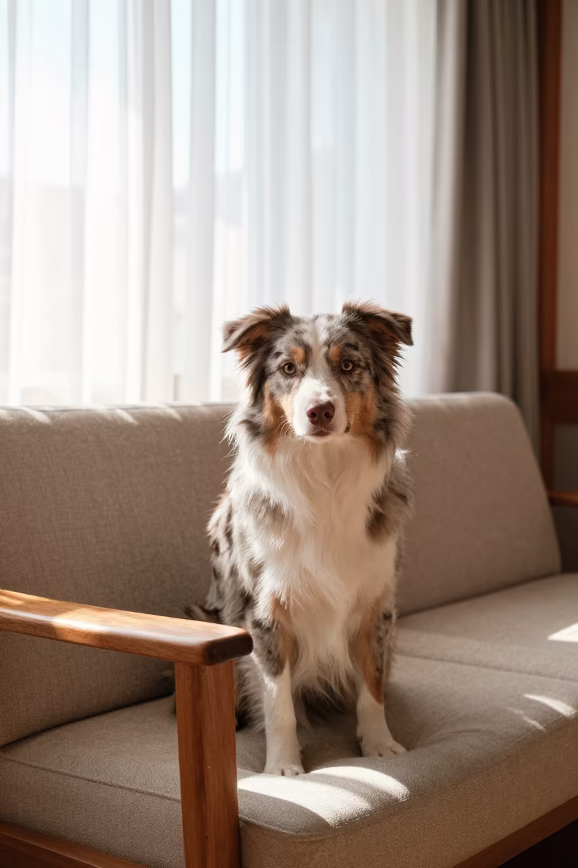 Australian Shepherd Portrait on Sofa Near Window in on a sofa near a curtained window with calm indoor light in Gyeongju