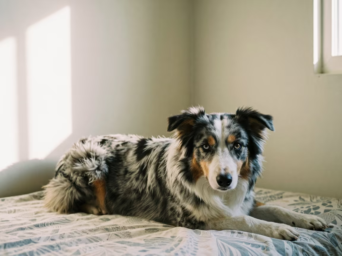 Australian Shepherd Resting on Bedspread in Bright Window in on a bedspread near a bright window with calm indoor light in Gujrat