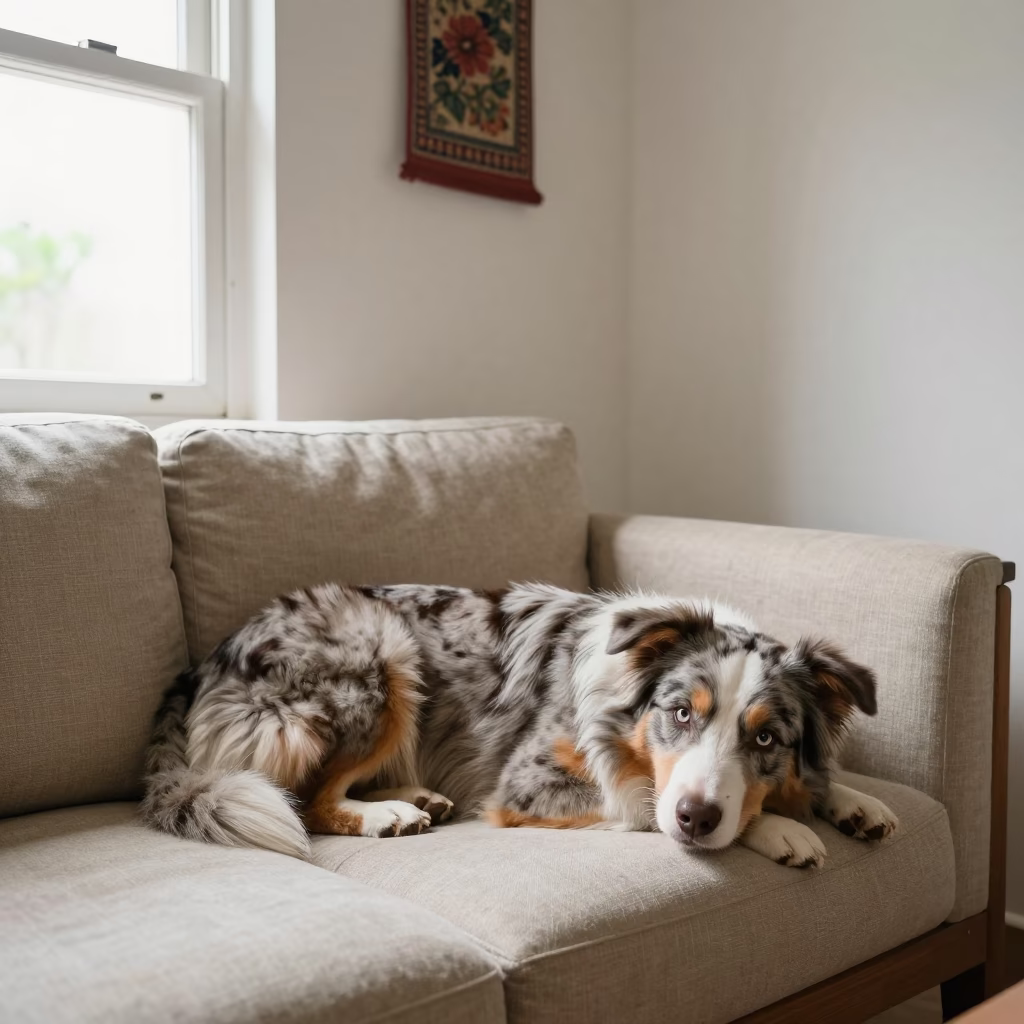 Australian Shepherd Resting on Linen Sofa in Chittoor in on a linen sofa with daylight from a nearby window near Chittoor