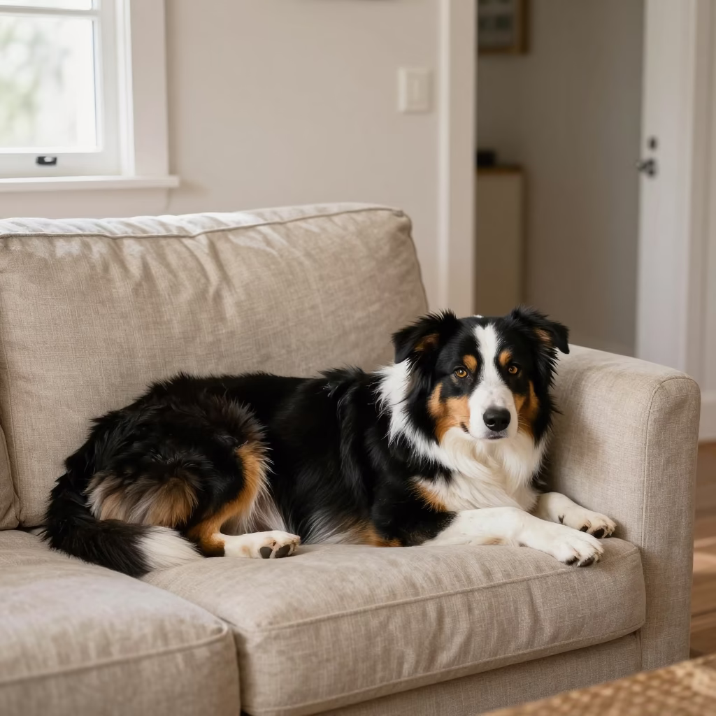 Australian Shepherd Resting on Linen Sofa in Nanjing Home in on a linen sofa with daylight from a nearby window in Nanjing