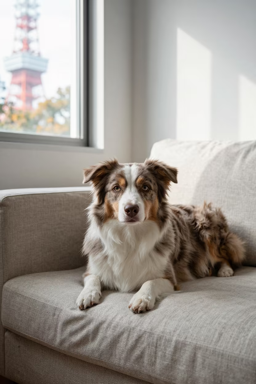 Australian Shepherd Resting on Linen Sofa in on a linen sofa with daylight from a nearby window near Tokyo