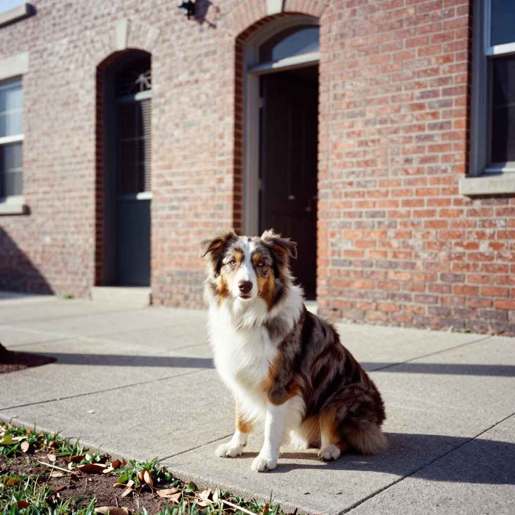 Australian Shepherd Sitting on Concrete Sidewalk Outside Brick Building in Miami Florida Late Morning in in Miami, Florida, United States