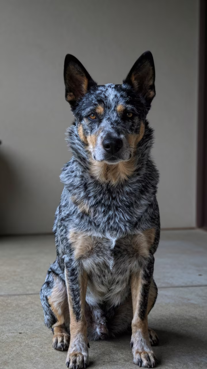 Australian Stumpy Cattle Dog Porch Portrait in beside a plain courtyard wall in clear daylight with the animal at eye level near Markham
