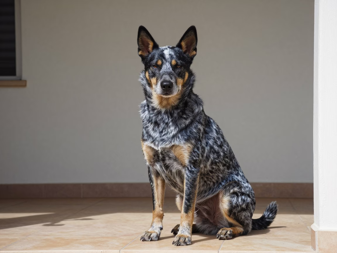 Australian Stumpy Tail Cattle Dog on La Victoria Porch in beside a plain courtyard wall in clear daylight with the animal at eye level in La Victoria