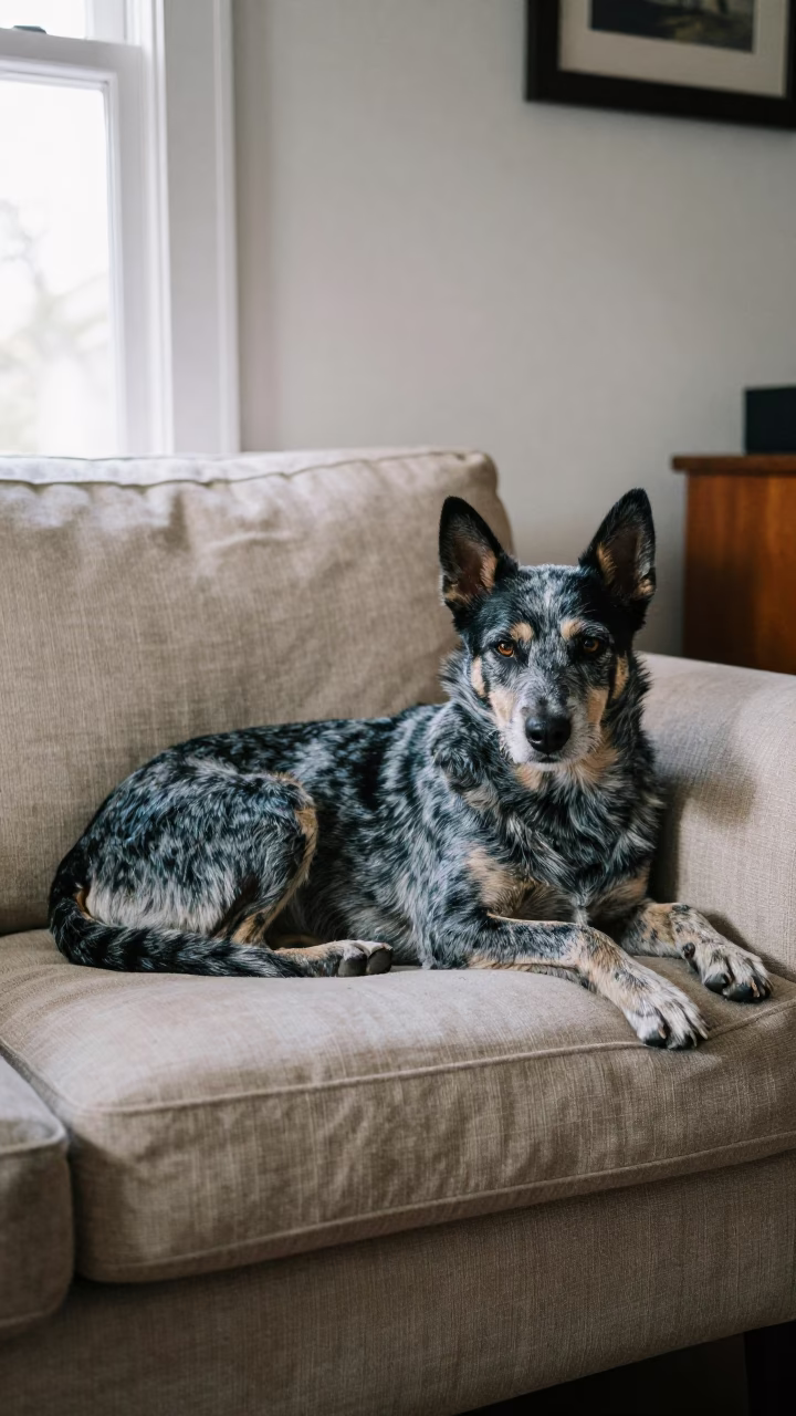 Australian Stumpy Tail Cattle Dog on Linen Sofa in on a linen sofa with daylight from a nearby window near Phoenix