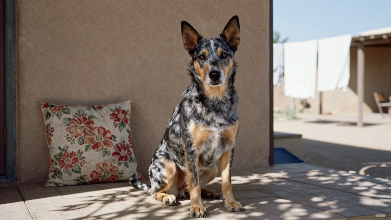 Australian Stumpy Tail Cattle Dog on Shaded Santa Fe Porch in beside a plain courtyard wall in clear daylight with the animal at eye level near Santa Fe