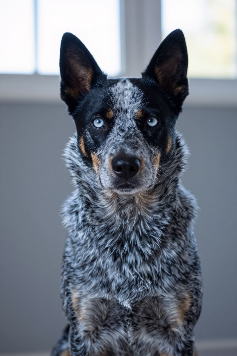 Australian Stumpy Tail Cattle Dog Portrait in Milan Studio in in a quiet portrait studio with a plain backdrop and eye-level framing in Milan