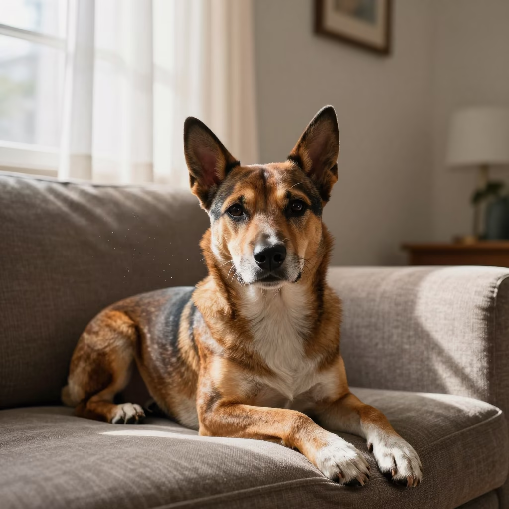 Australian Stumpy Tail Cattle Dog Portrait Sofa in on a sofa near a curtained window with calm indoor light in Caracas