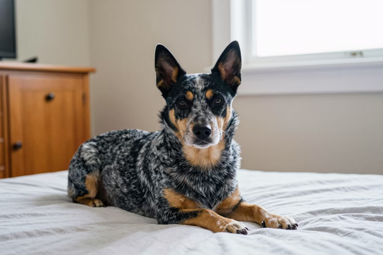 Australian Stumpy Tail Cattle Dog Resting at Home in on a bedspread near a bright window with calm indoor light in Thies