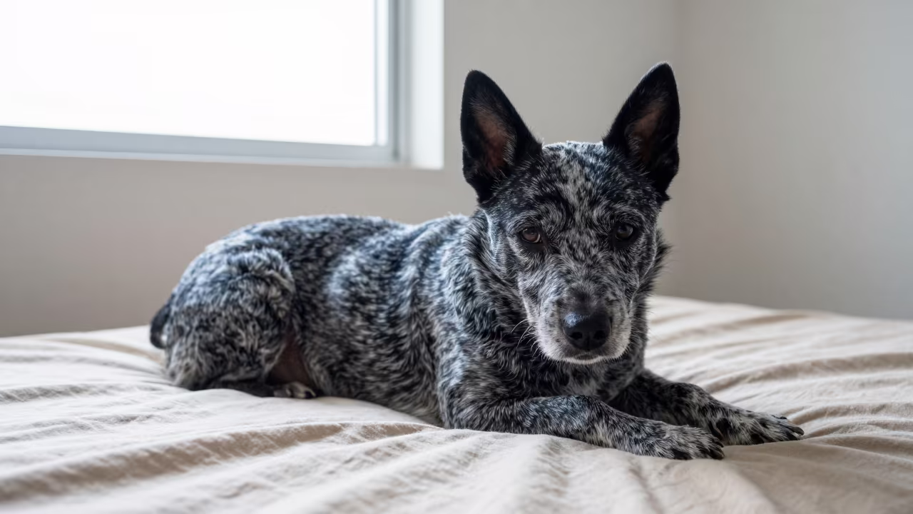 Australian Stumpy Tail Cattle Dog Resting Indoors in on a bedspread near a bright window with calm indoor light in Yokohama
