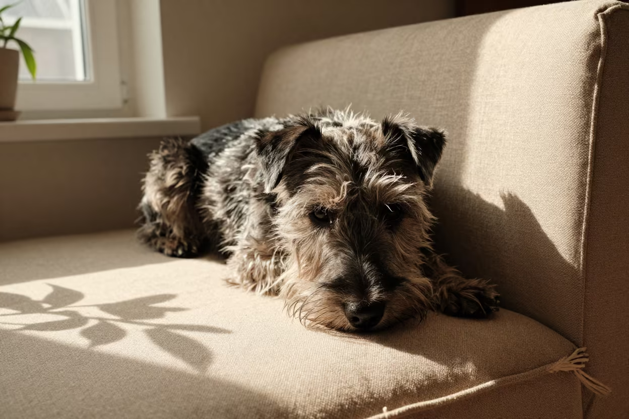 Australian Terrier on Linen Sofa in Golden Light in on a linen sofa with daylight from a nearby window near Moscow