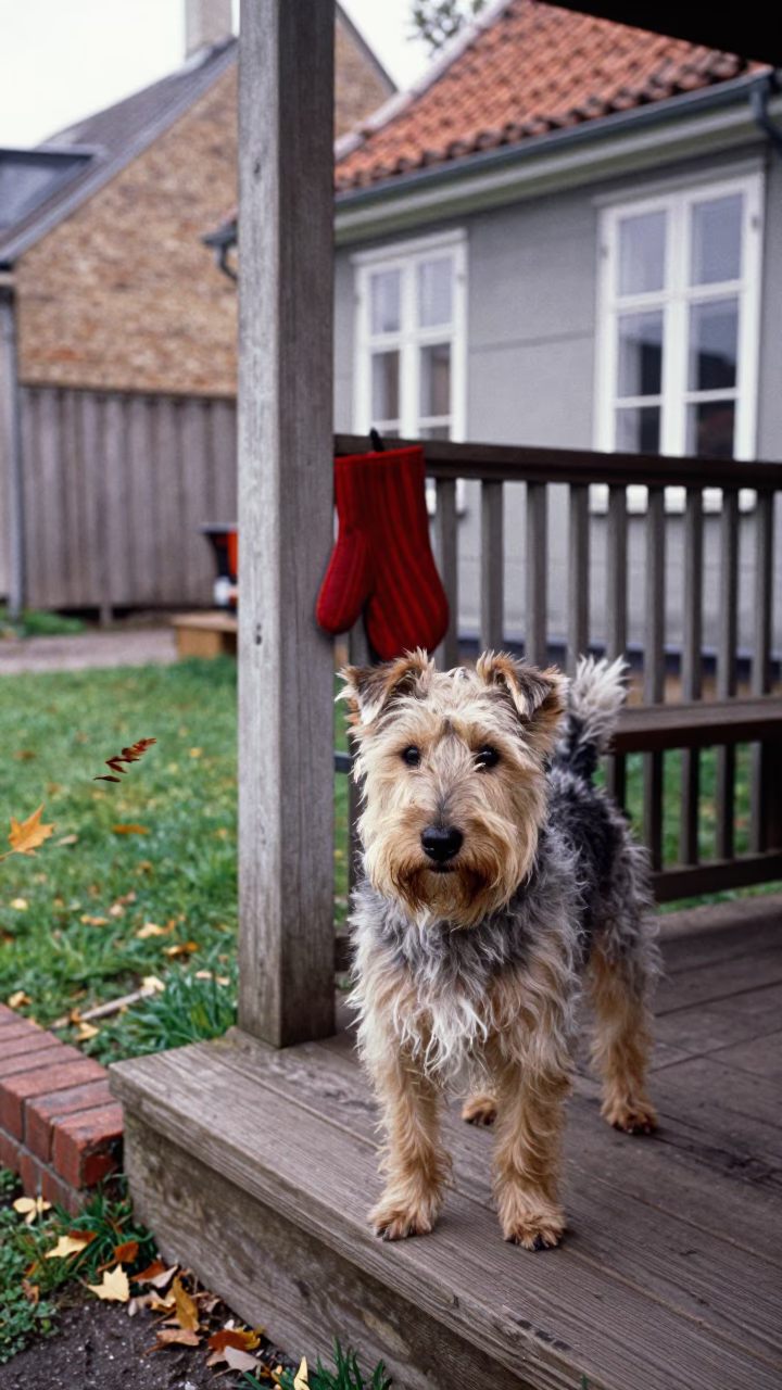 Australian Terrier on Shaded Porch in Christiania in in a small yard with clipped grass, calm light, and the animal centered in frame in Christiania, Copenhagen