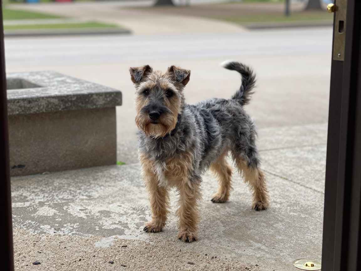 Australian Terrier on Shaded Porch in Cuddalore in along a quiet park path with soft open shade and a clean background in Cuddalore