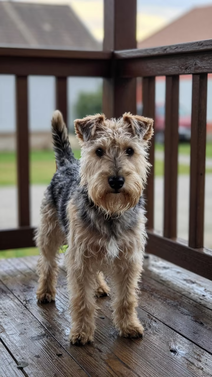 Australian Terrier on Timisoara Porch in on a shaded front porch with boards, railings, and eye-level framing in Timisoara