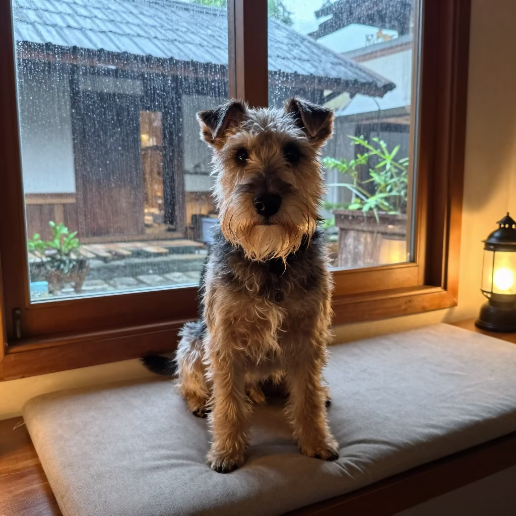 Australian Terrier on Window Seat in Lombok Rain in on a cushioned window seat with soft side light and an uncluttered background in Lombok