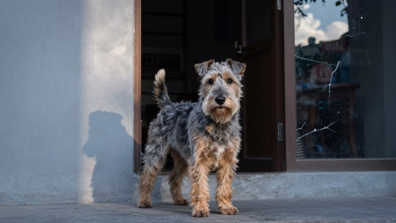 Australian Terrier Portrait at West Lake Hanoi in beside a plain courtyard wall in clear daylight with the animal at eye level near West Lake, Hanoi