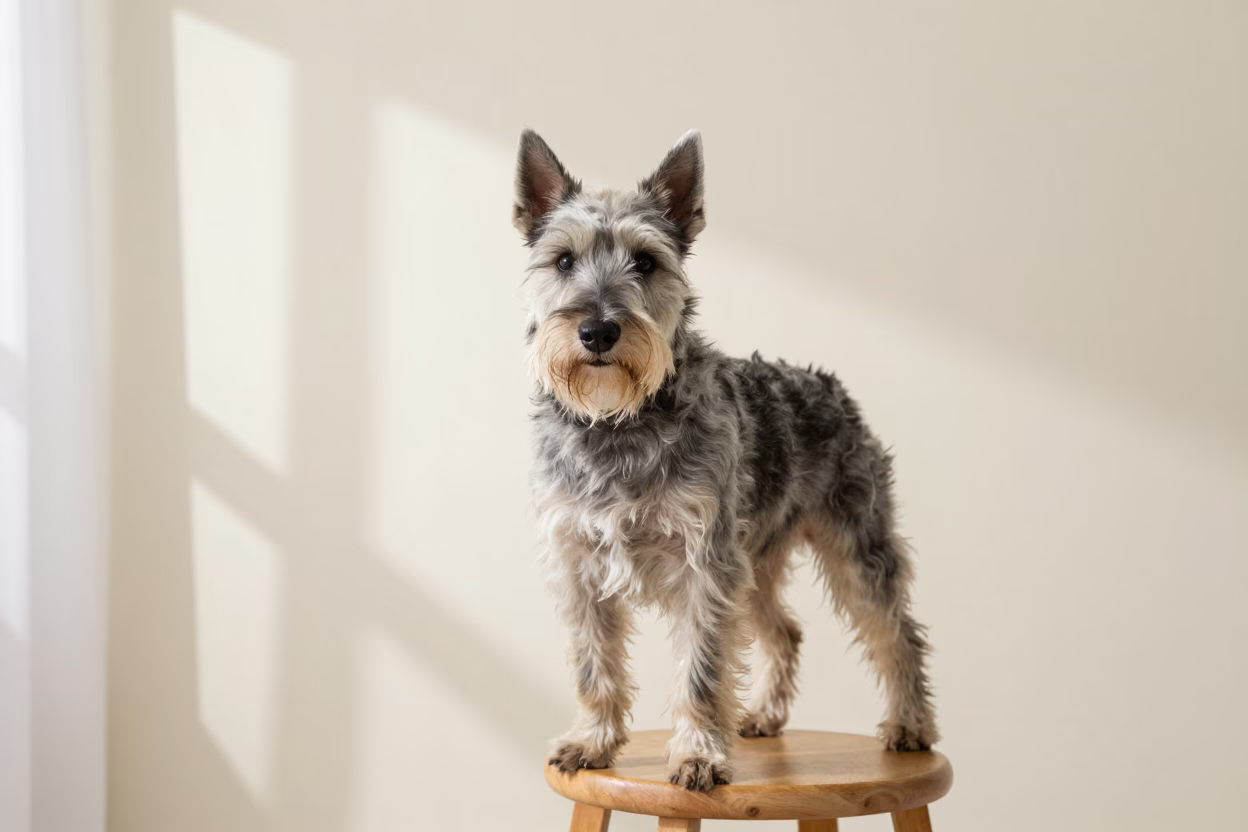 Australian Terrier Portrait in Mandalay Studio Light in in a quiet portrait studio with a plain backdrop and eye-level framing in Mandalay