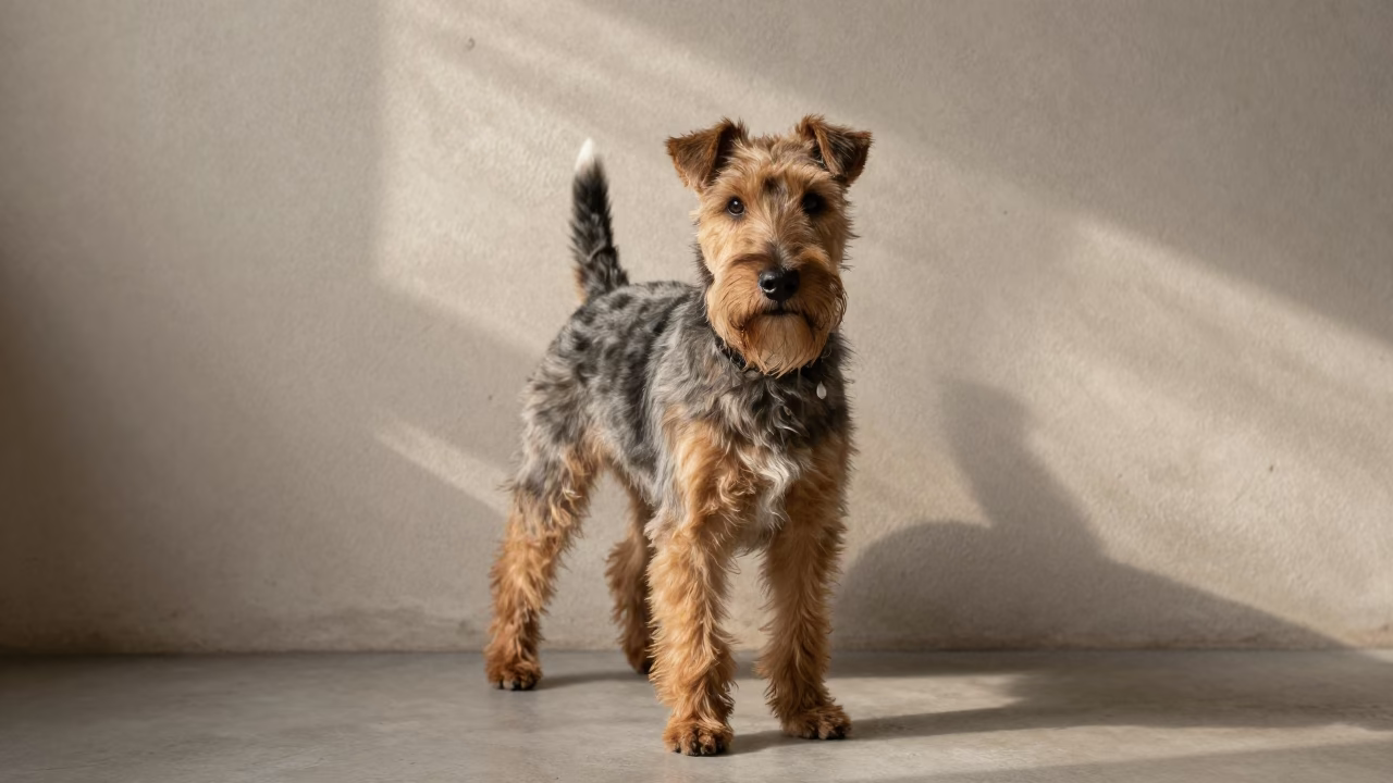 Australian Terrier Portrait in Soft Indoor Osaka Light in beside a plain plaster wall in soft indoor light with the animal centered in frame in Osaka