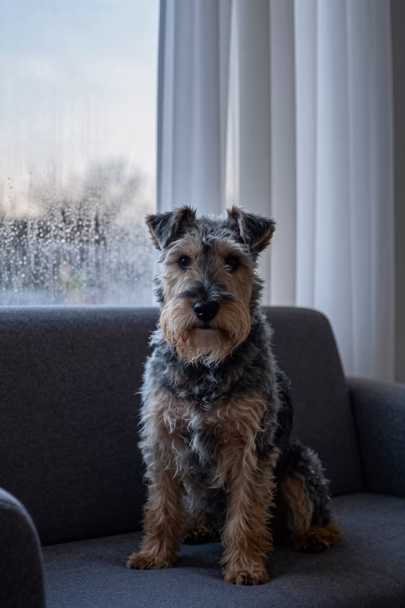 Australian Terrier Portrait Near Curtained Window in on a sofa near a curtained window with calm indoor light in Kisangani