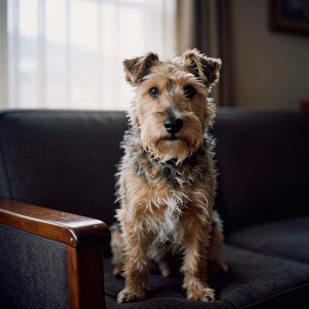 Australian Terrier Portrait on Sofa in Medellin in on a sofa near a curtained window with calm indoor light in Medellin