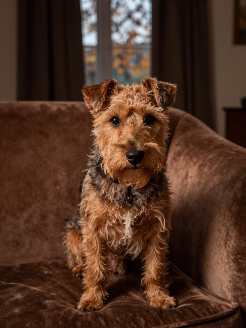 Australian Terrier Portrait on Sofa Near Barcelona Window in on a sofa near a curtained window with calm indoor light near Poble Sec, Barcelona