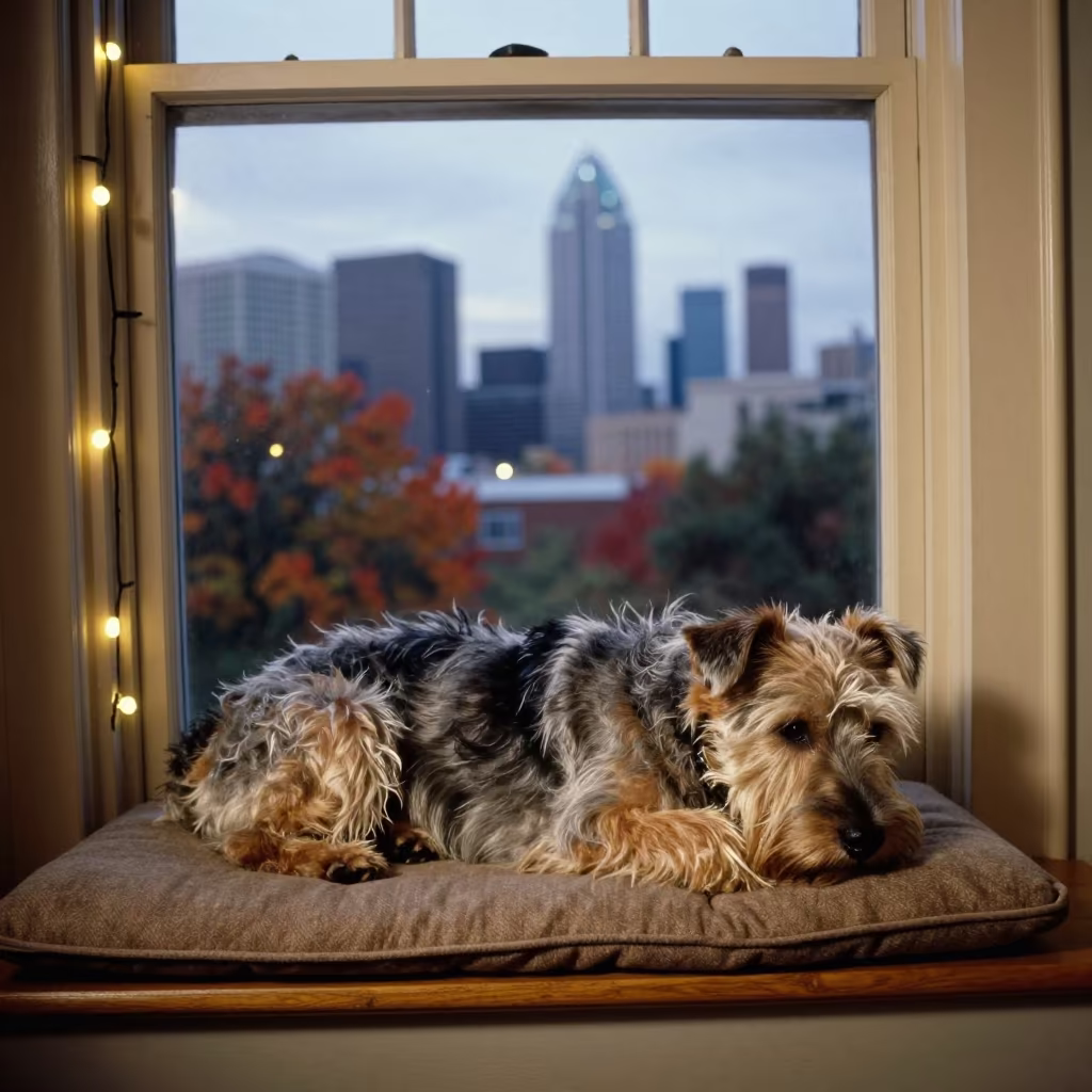 Australian Terrier Resting on Window Seat in Dallas in on a window seat in a quiet apartment with soft side light in Dallas