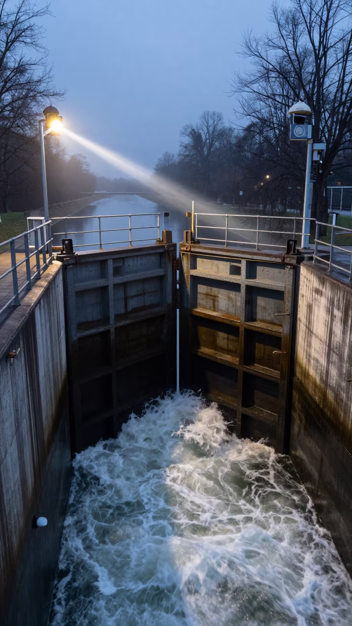 Austria Canal Lock Gates Dawn Light in at a canal lock chamber in Austria