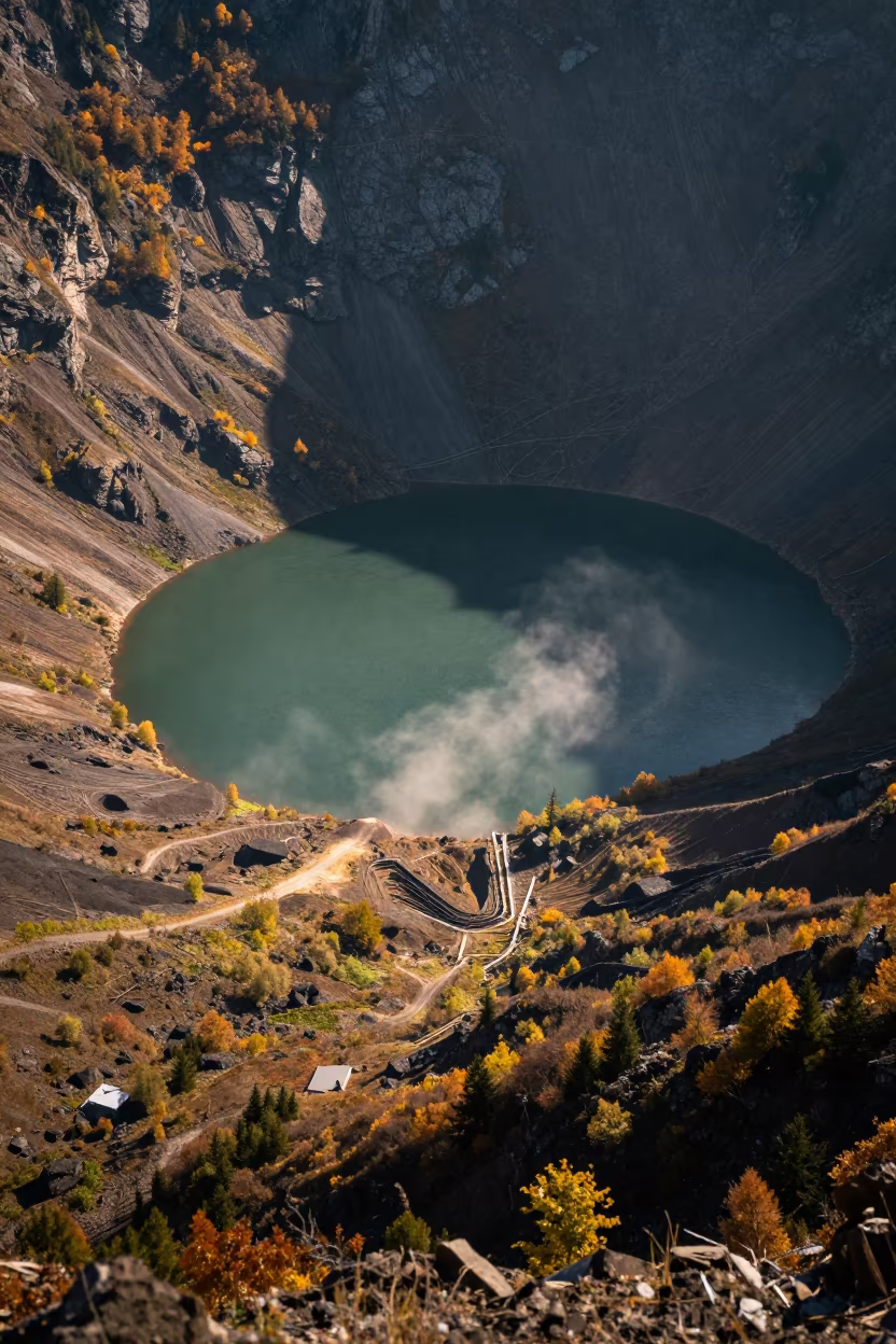 Austrian Caldera Lake Aerial View in high above irrigation geometry in Austria