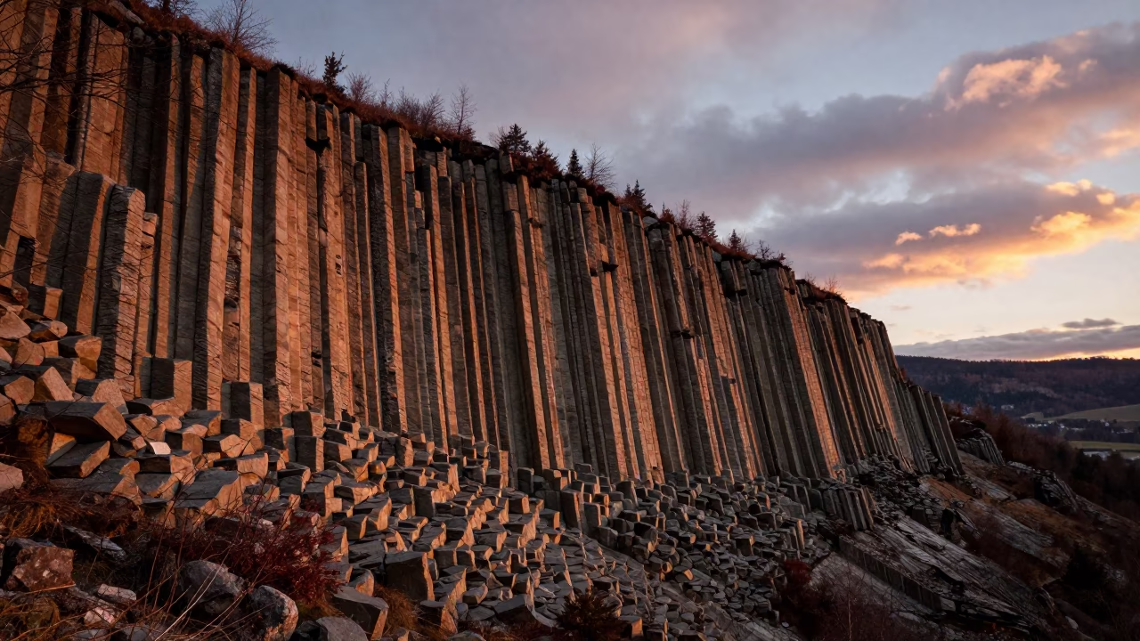 Austrian Columnar Basalt Cliff at Sunset in in Austria
