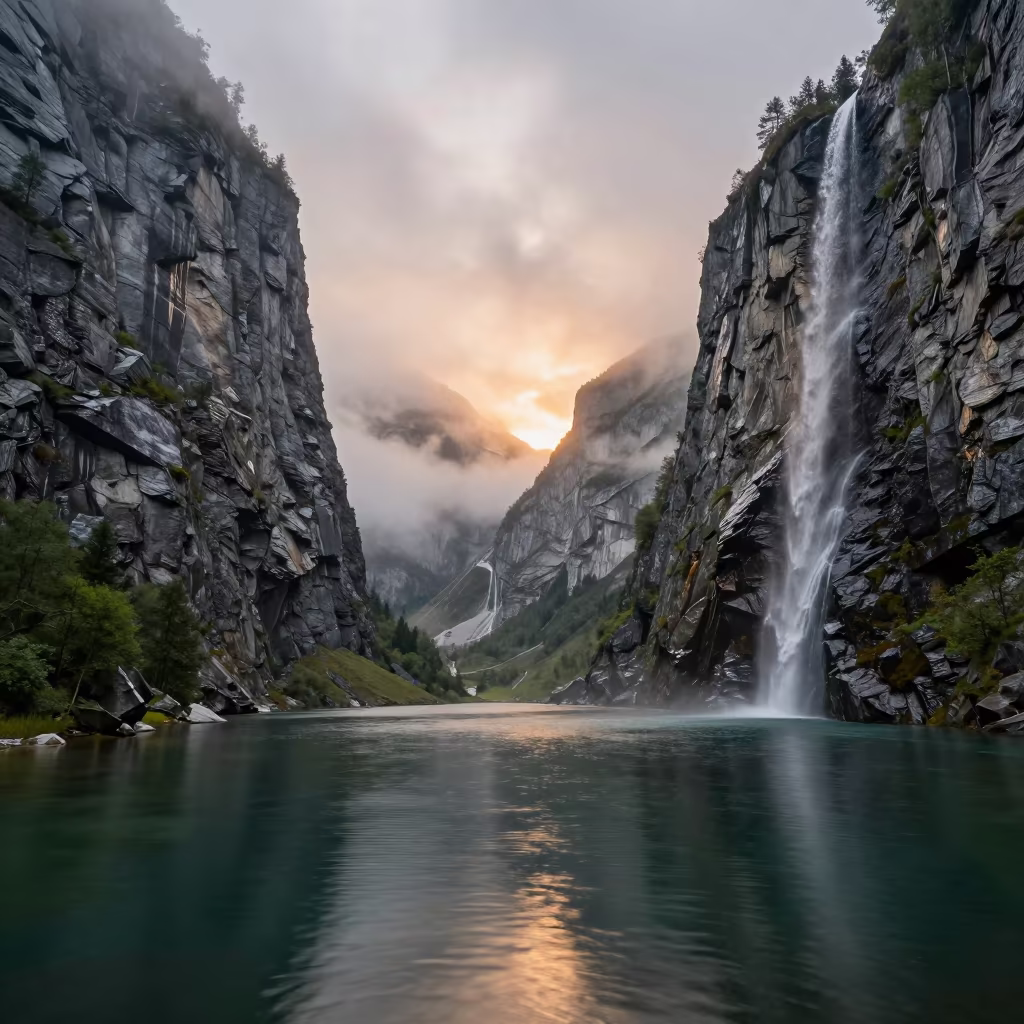 Austrian Fjord Granite Waterfall Mist Horizon in across a floodplain after rain in Austria