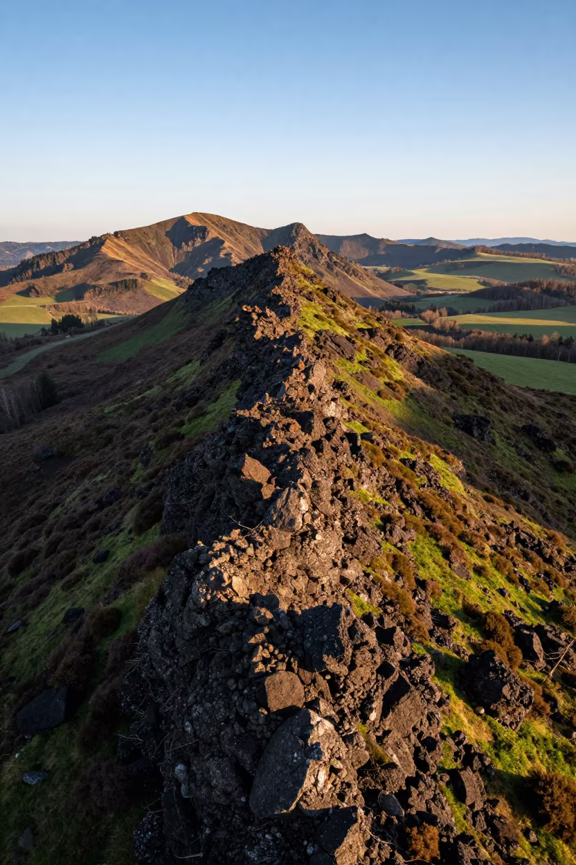 Austrian Lava Ridge Heath Under Golden Hour Sky in from a ridge above layered foothills in Austria